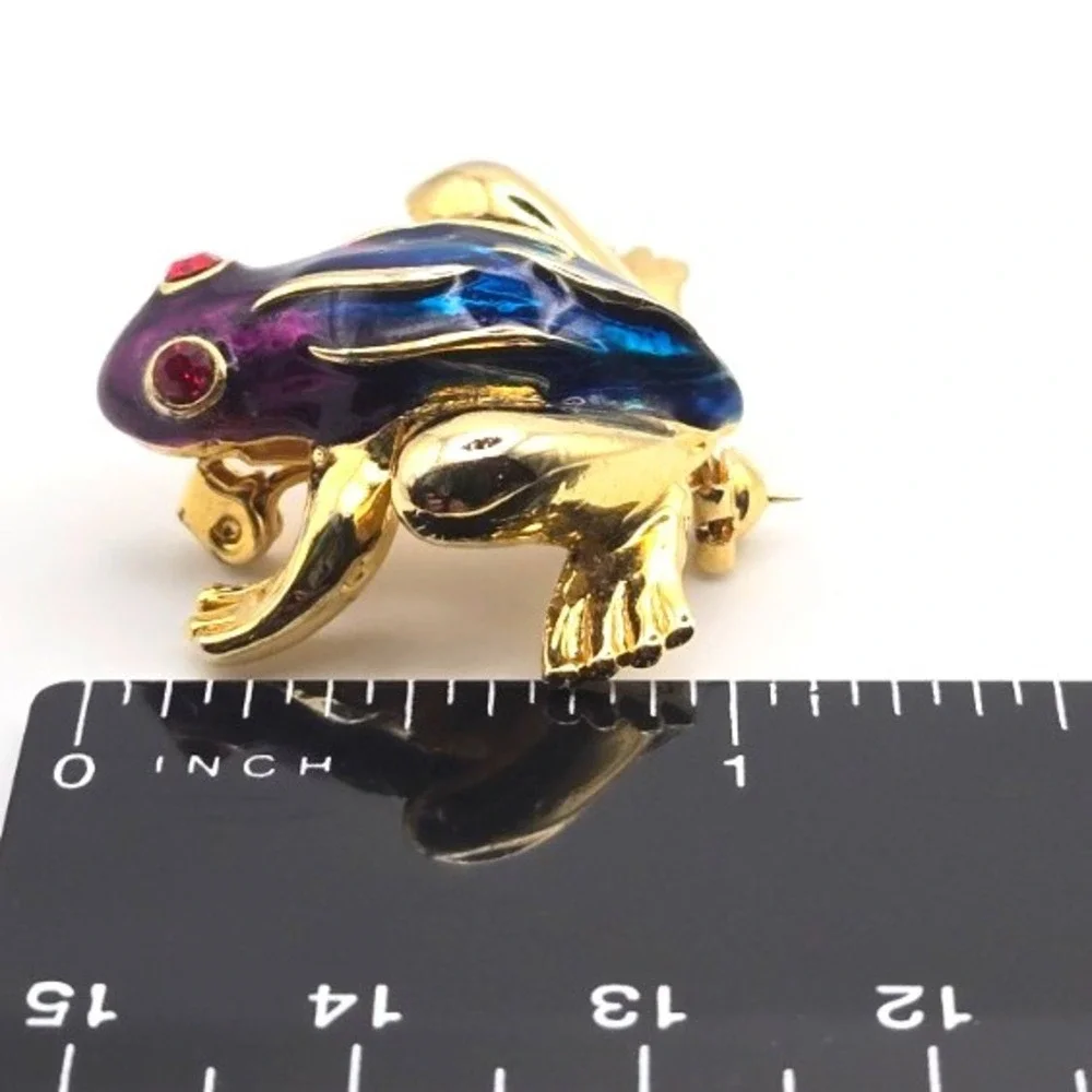 Small Gold Tone Blue and Purple Enamal Frog Brooch‎ / Pin Red Rhinestone Eyes